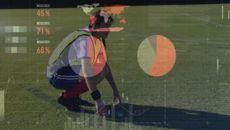 análisis de datos de rendimiento deportivo animación sobre atleta agachado en el campo de hierba
