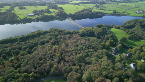 Treetops-in-autumn-and-fly-over-towards-reservoir-with-road-crossing-it