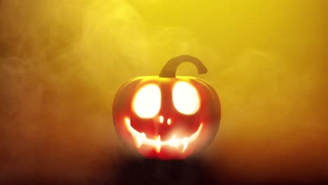 halloween pumpkin enlighted with candle lantern in yellow smoky atmosphere