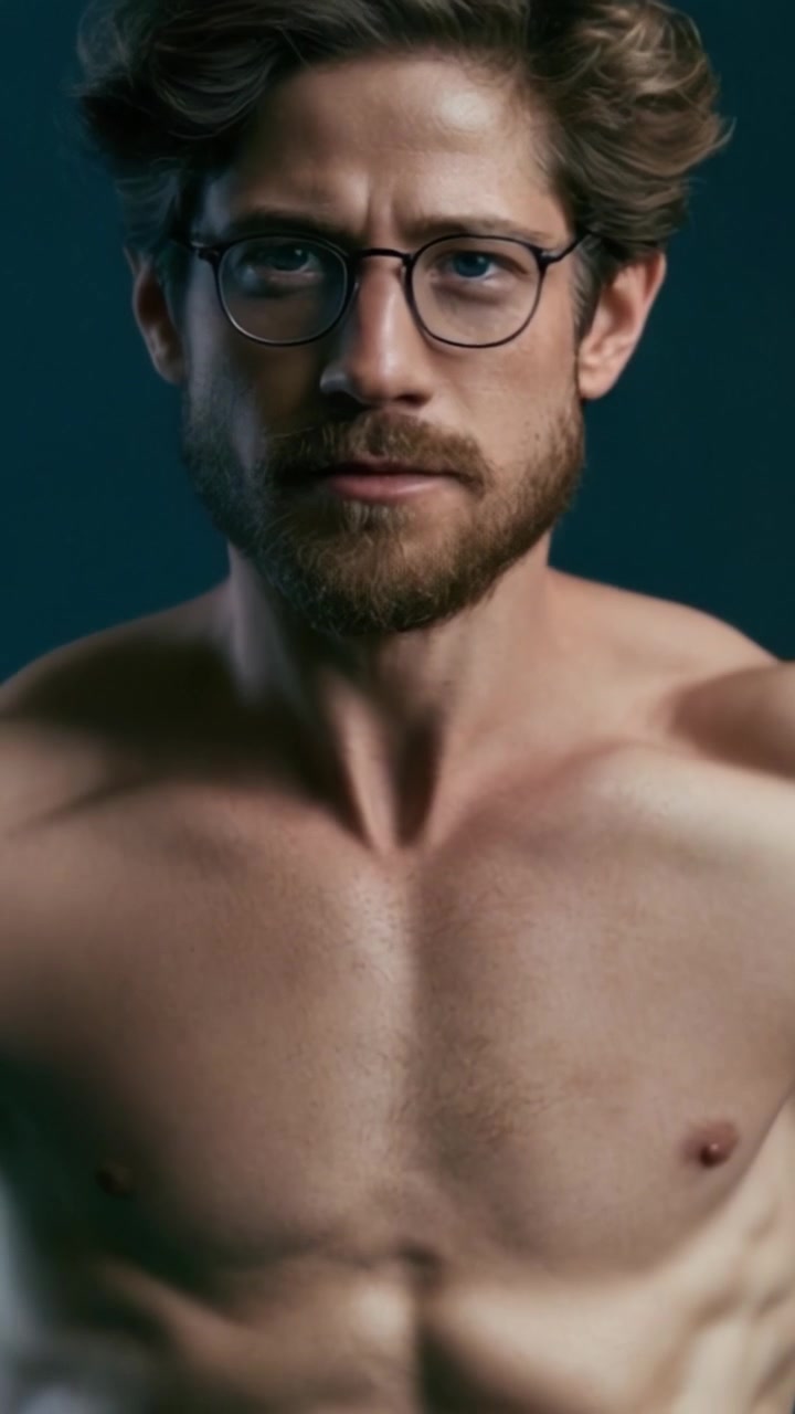 Un ritratto sicuro di un uomo elegante con gli occhiali, che mostra un fisico forte e un'espressione coinvolgente in un ambiente da studio.