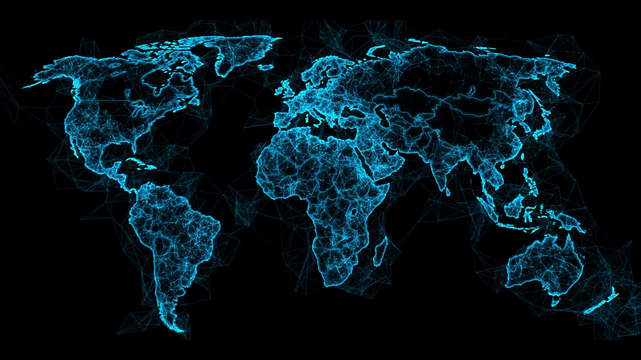 Stylized world map with a blue, glowing plexus network effect on a black background. For global business, technology, or data concepts