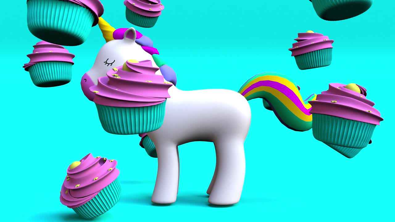 unicornio arco iris con un carrusel de pasteles 4k animación