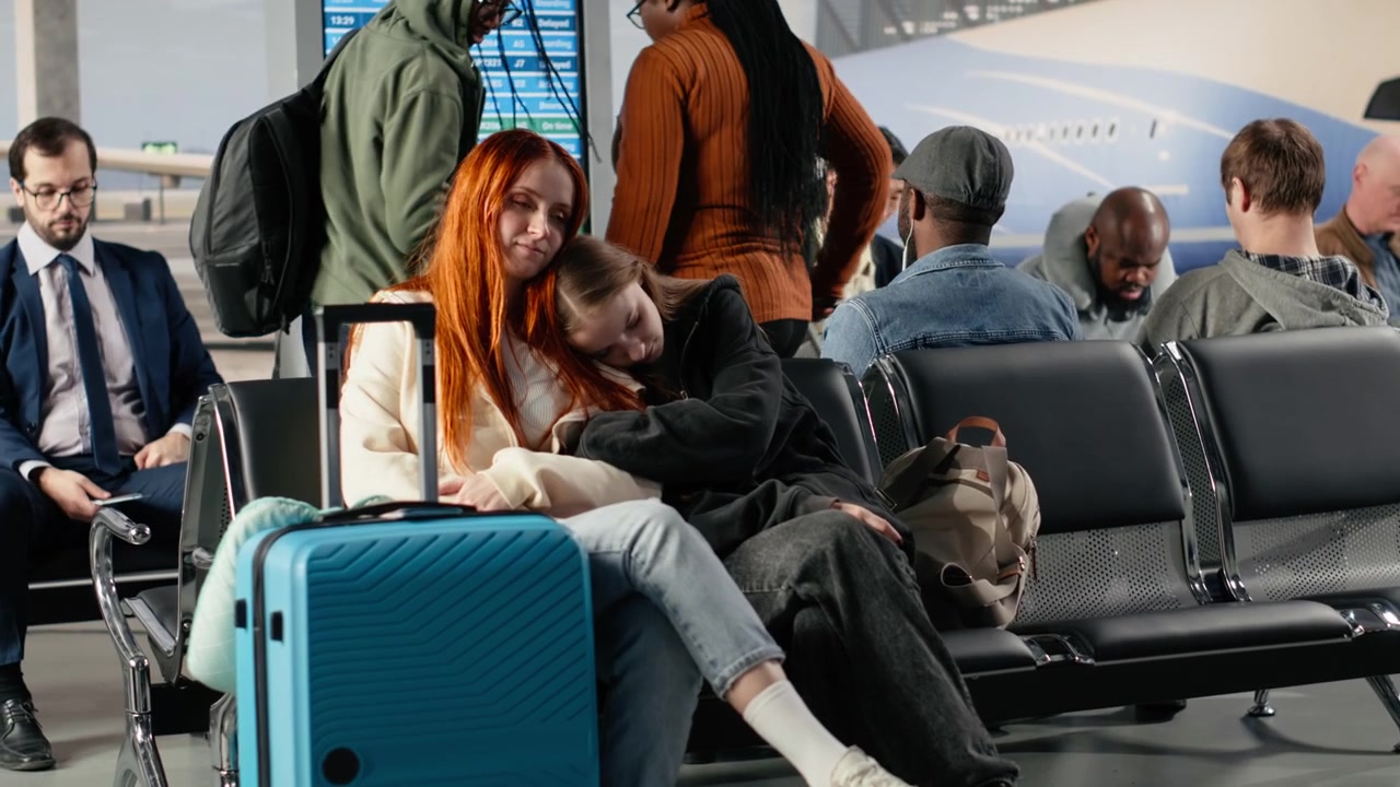 Jet lagged sisters sleeping on metal bench in busy airport lounge