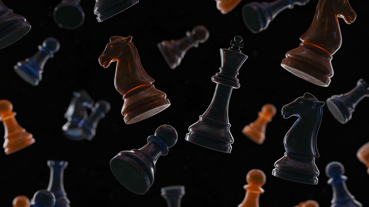 Una serie ipnotica di pezzi degli scacchi fluttuanti in un vuoto nero, che mostra la complessa bellezza del gioco e cattura l'essenza della strategia e della competizione