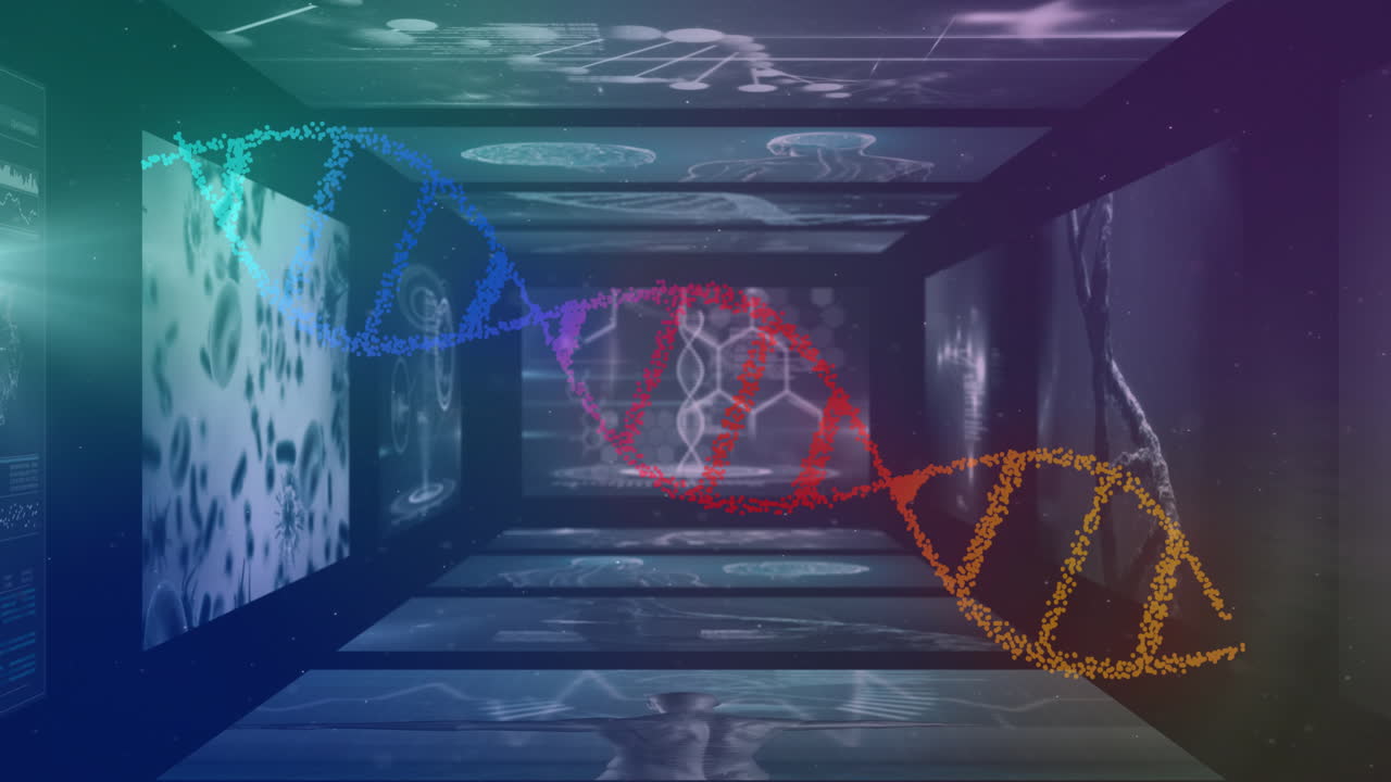 dna 스트랜드 및 과학 데이터 처리가 홀로그램 의학 애니메이션을 통해