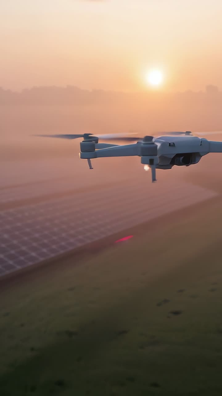Video verticale: Quadricottero che vola, inizia all'alba, mantenendo il sorvolo sui pannelli solari, nebbia.