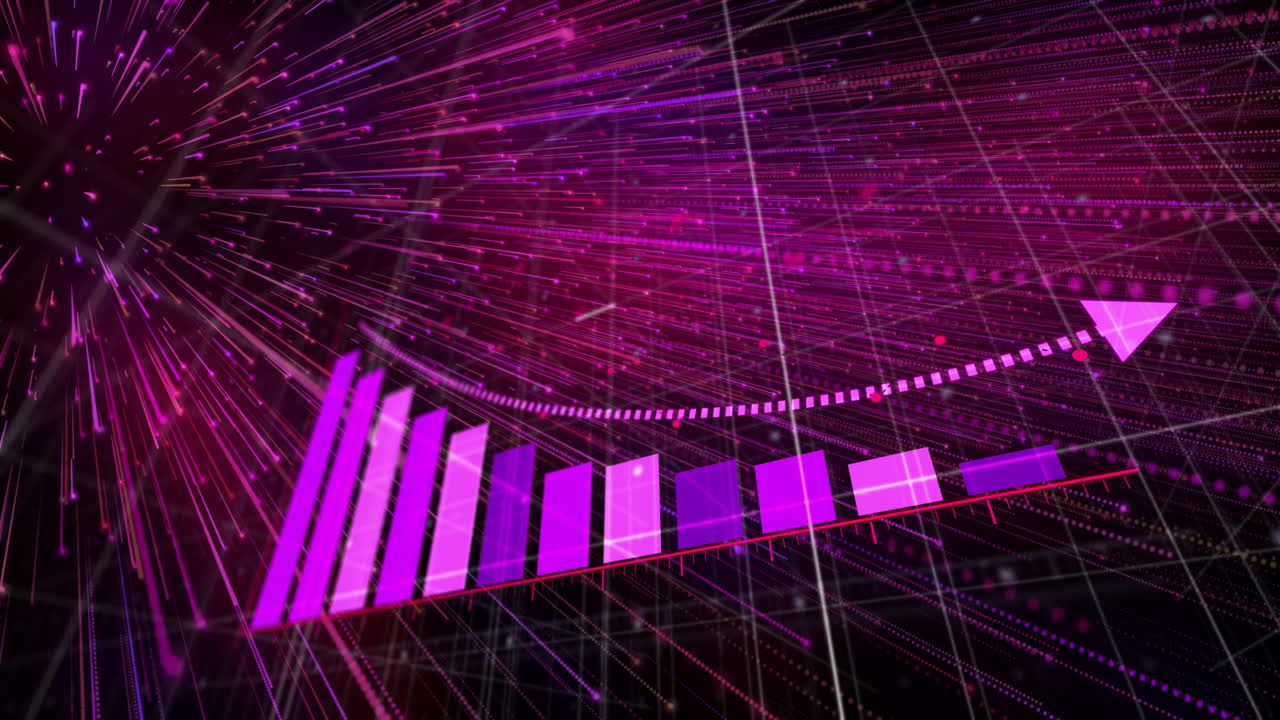 Animation of dynamic lines and dots on purple bar graph for data analysis concept