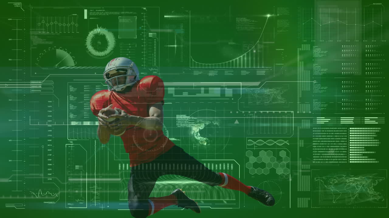 Animation of american football player over processing circles and diverse data on green background