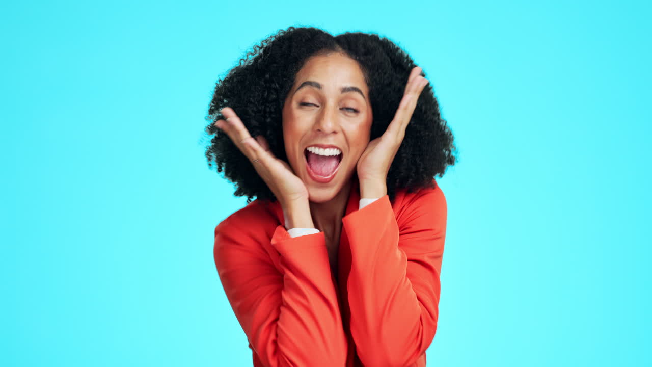 Happy, wow and hands on face of woman in studio