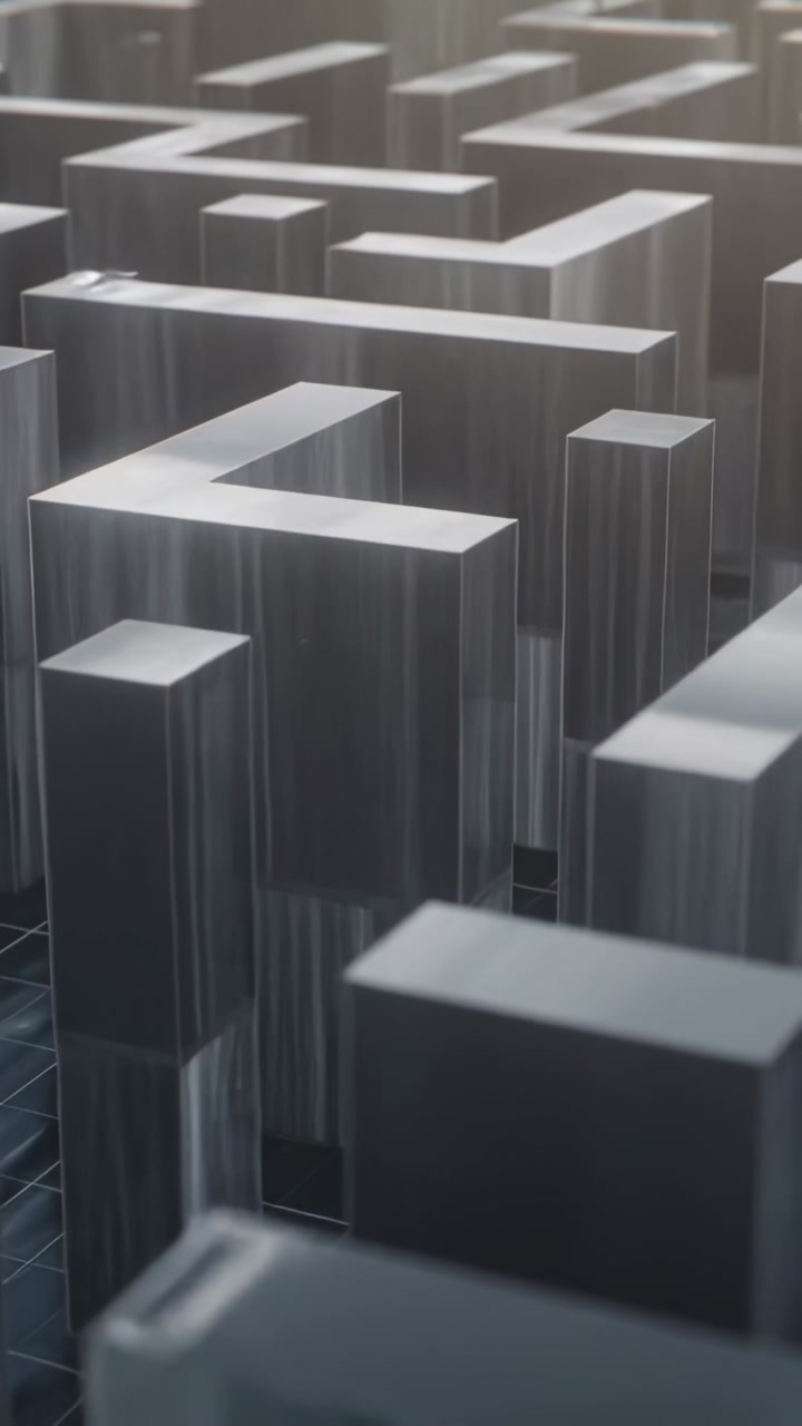 Vertical video: Camera pulling back metal maze revealing form on set, dust settling between blocks