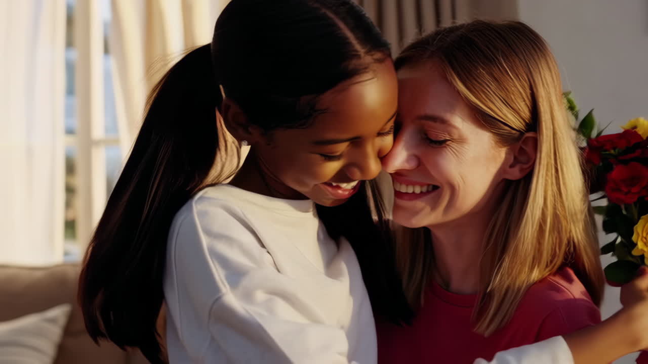 Two happy women embracing with a bouquet of flowers in a living room
