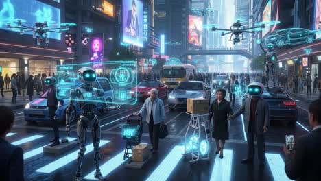 futuristic cityscape: a lively intersection of humanity and advanced robotics in a high-tech urban setting with autonomous drones and smart city features