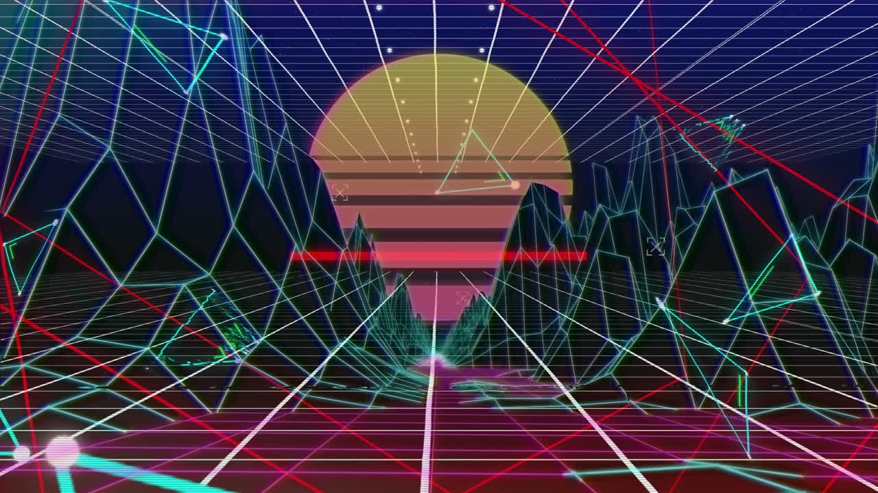 디지털 산과 태양 위에 움직이는 모양의 애니메이션