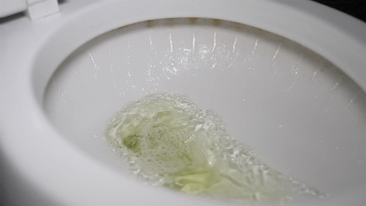 Toilet Flushing Urine, Powerful Swirl Close-Up Overhead View