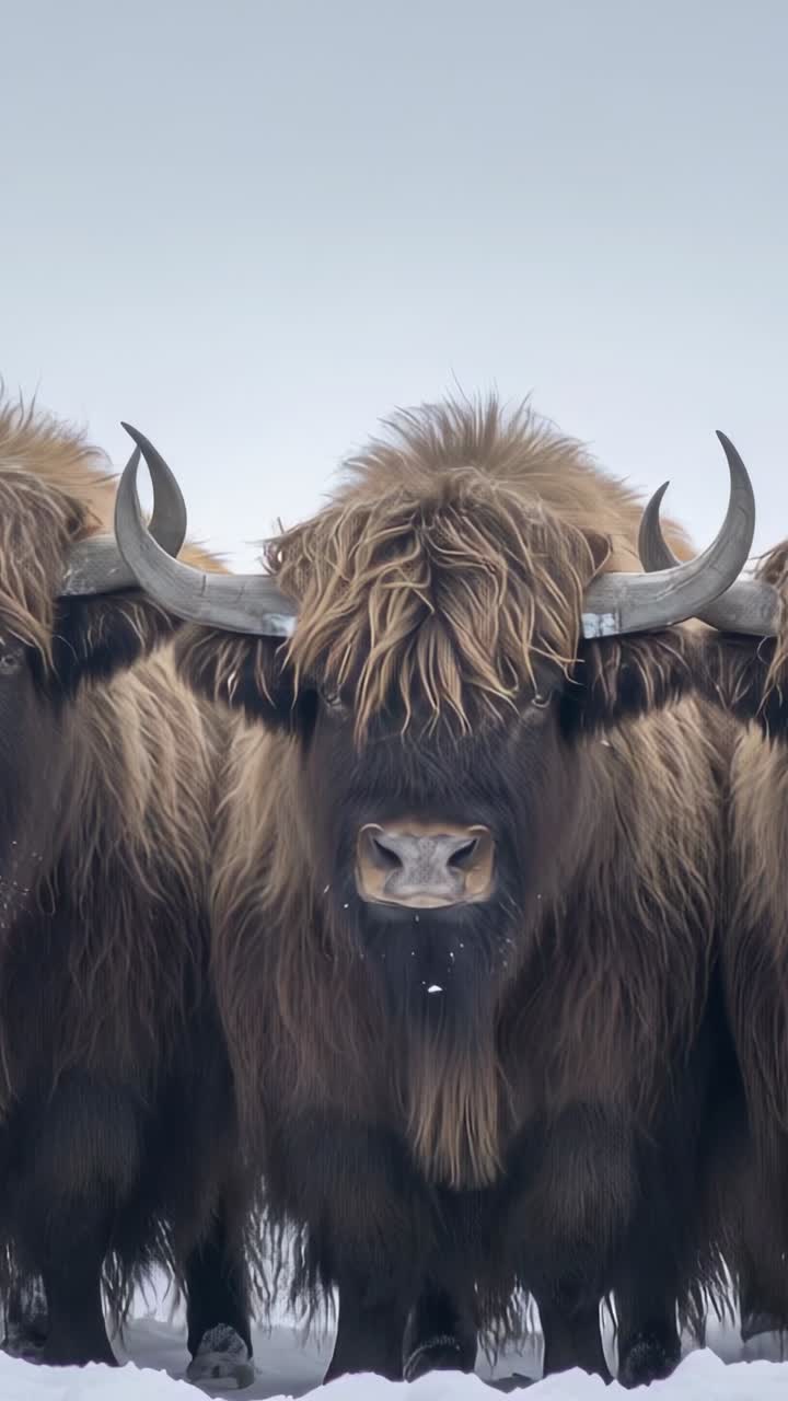 Vertical video: Framing lead muskox standing on snow with herd, horns, guard hairs and snowy muzzle