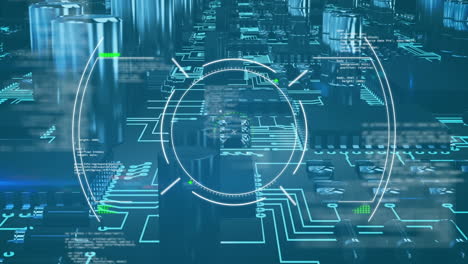 Animation-of-data-processing-and-scope-scanning-over-close-up-of-a-circuit-board