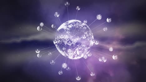 Animation of globe of profile icons spinning over thunderstorms in the clouds