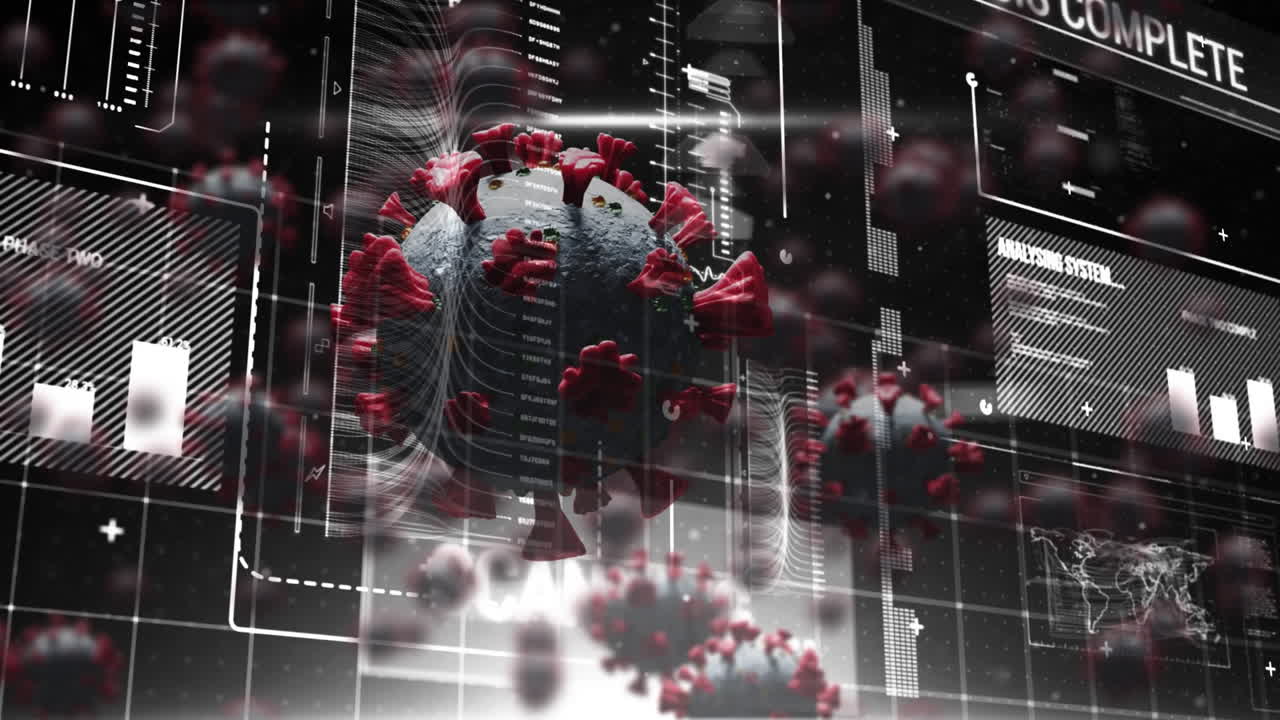 animación de células covid flotando sobre el escaneo del alcance y el cirujano