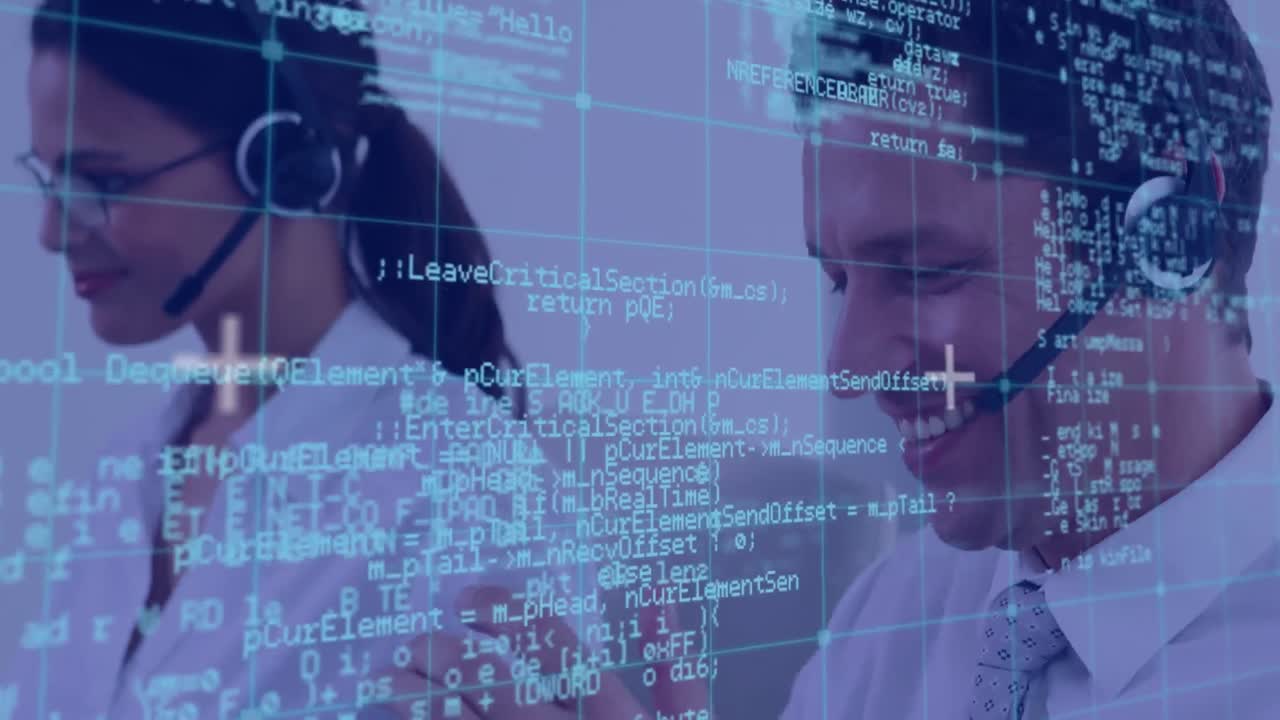 Animation of data processing over business people using phone headsets