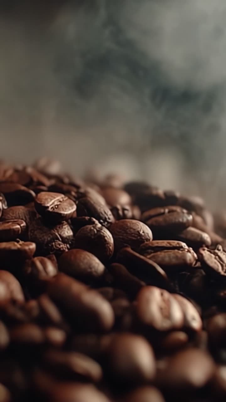 Et nærbillede af rige, ristede kaffebønner stablet sammen, omgivet af en let aroma, der indfanger essensen af friskbryggede kaffeøjeblikke