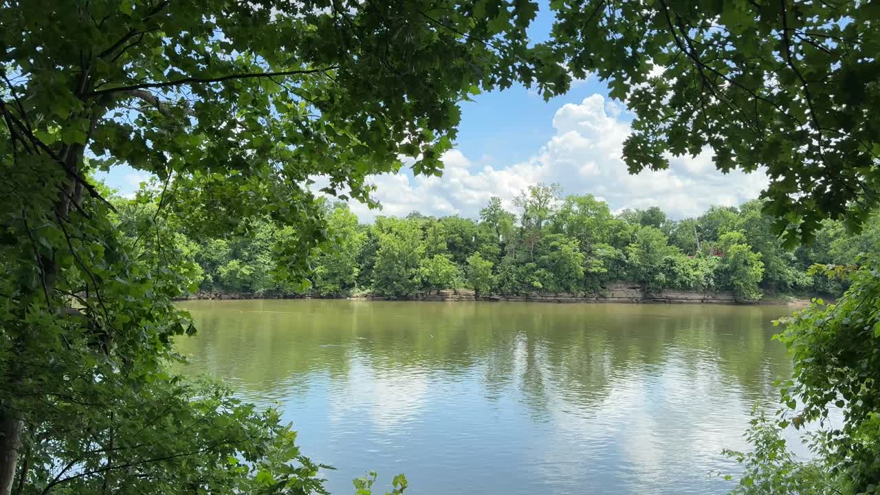 Summer Day Overlooking The Cumberland River Landscape in Nashville, Tennessee. Panning Shot