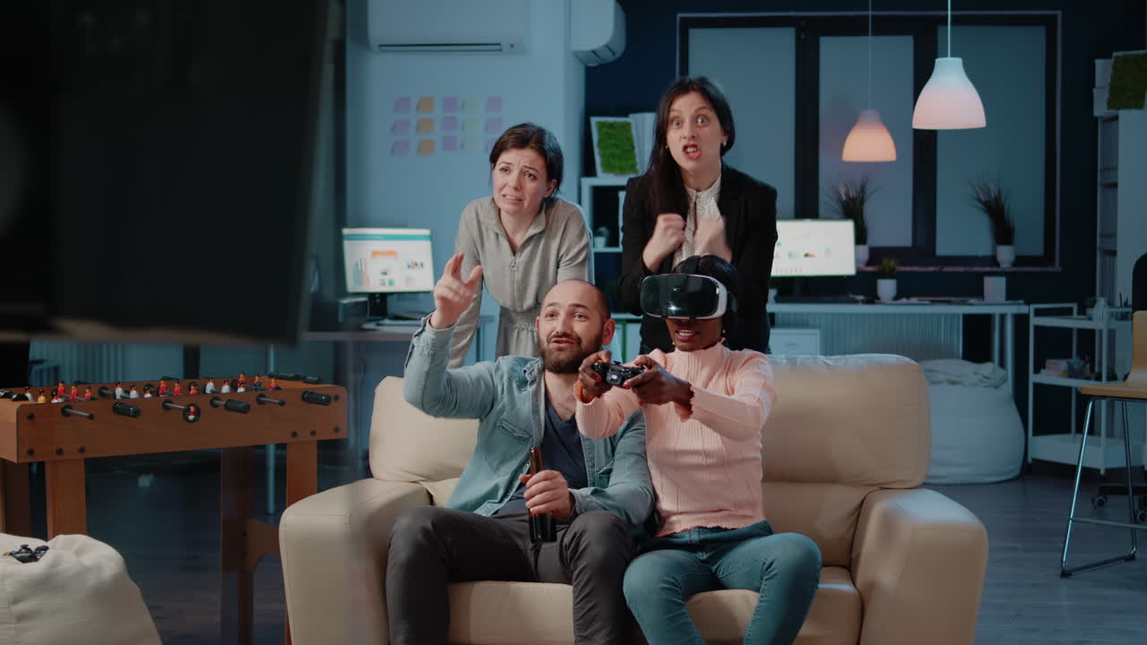 African american woman using vr glasses and controller