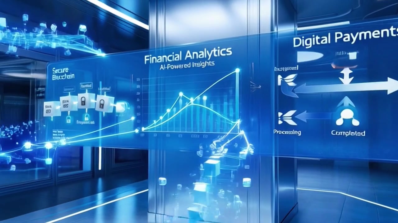 Digital Blockchain and Financial Analytics Data Visualization in Futuristic Server Room