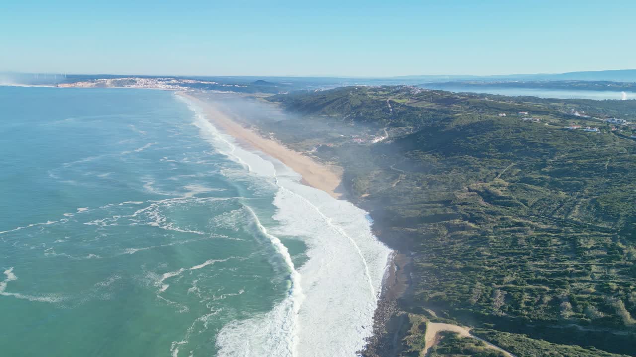 Aerial coastline view from Miradouro do Salgado near Nazaré, Portugal on clear day
