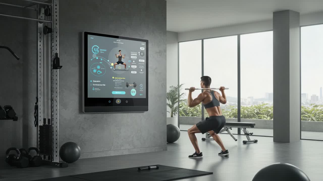 A Fit Individual Engaging in Strength Training with a Smart Display in a Modern Gym Environment, Tracking Progress and Enhancing Workout Efficiency