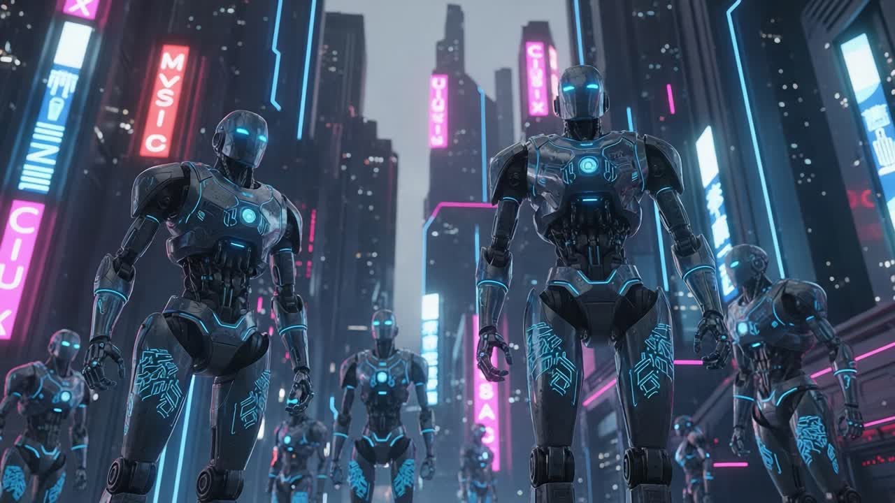 A Futuristic Cityscape Filled with Glowing Cybernetic Robots in a High-Tech Urban Environment, Exhibiting Advanced Technology and Neon Lighting Effects