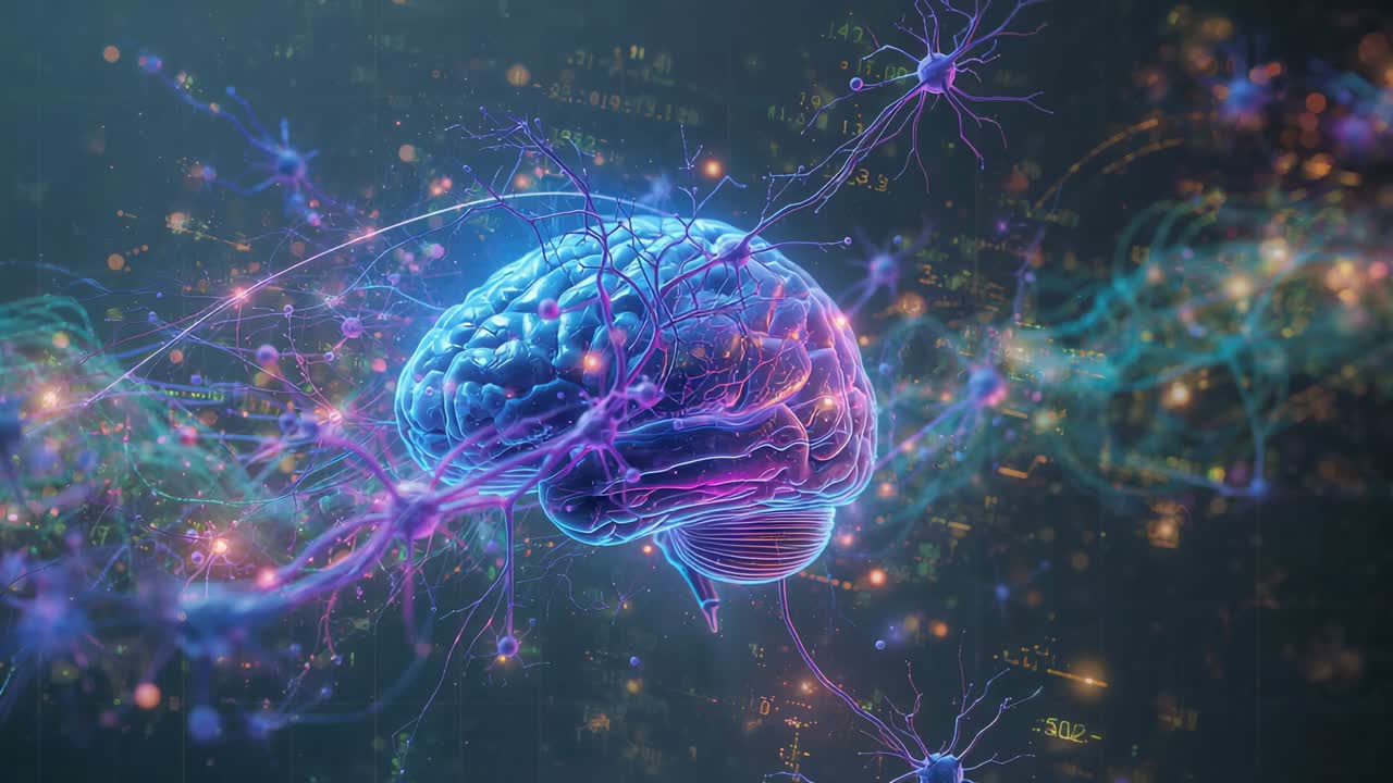Rotating stylized brain pulsing in nebula while filaments lighting sending pulses to show activity