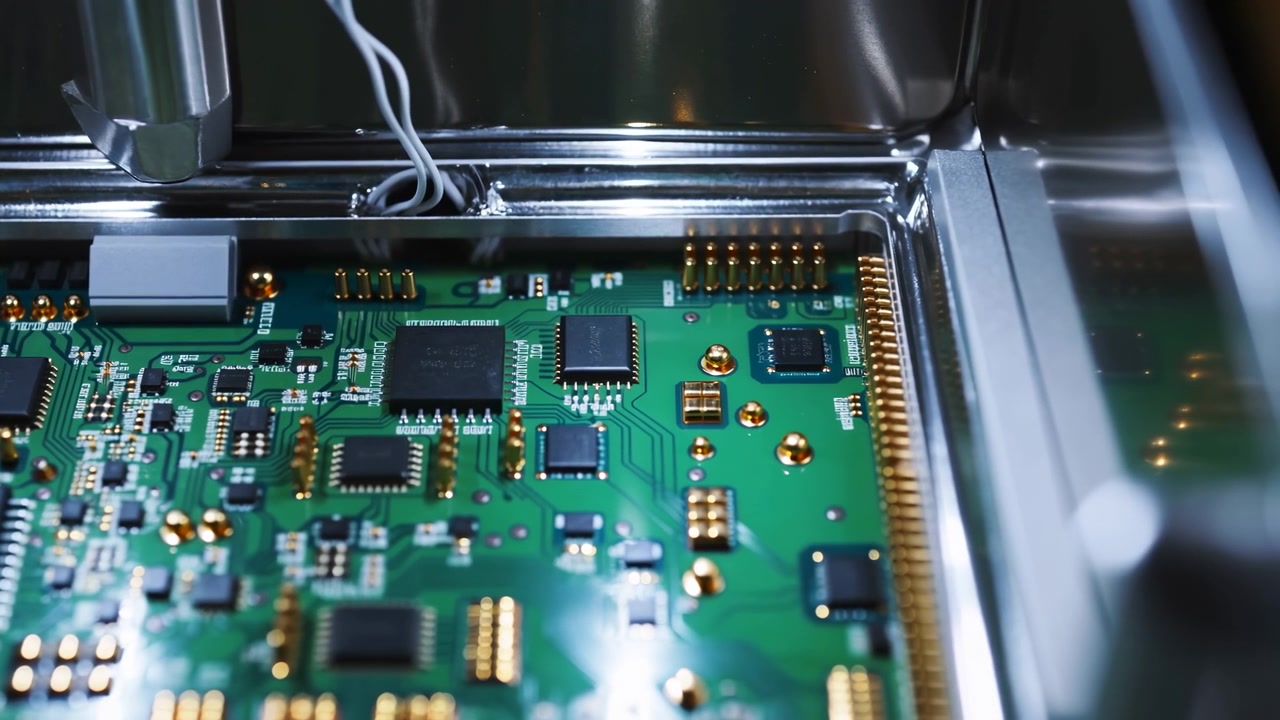 Close view tracks gently across dense electronic components mounted on green board, with shallow focus, bright reflections, metallic housing and bundled white cables visible above.