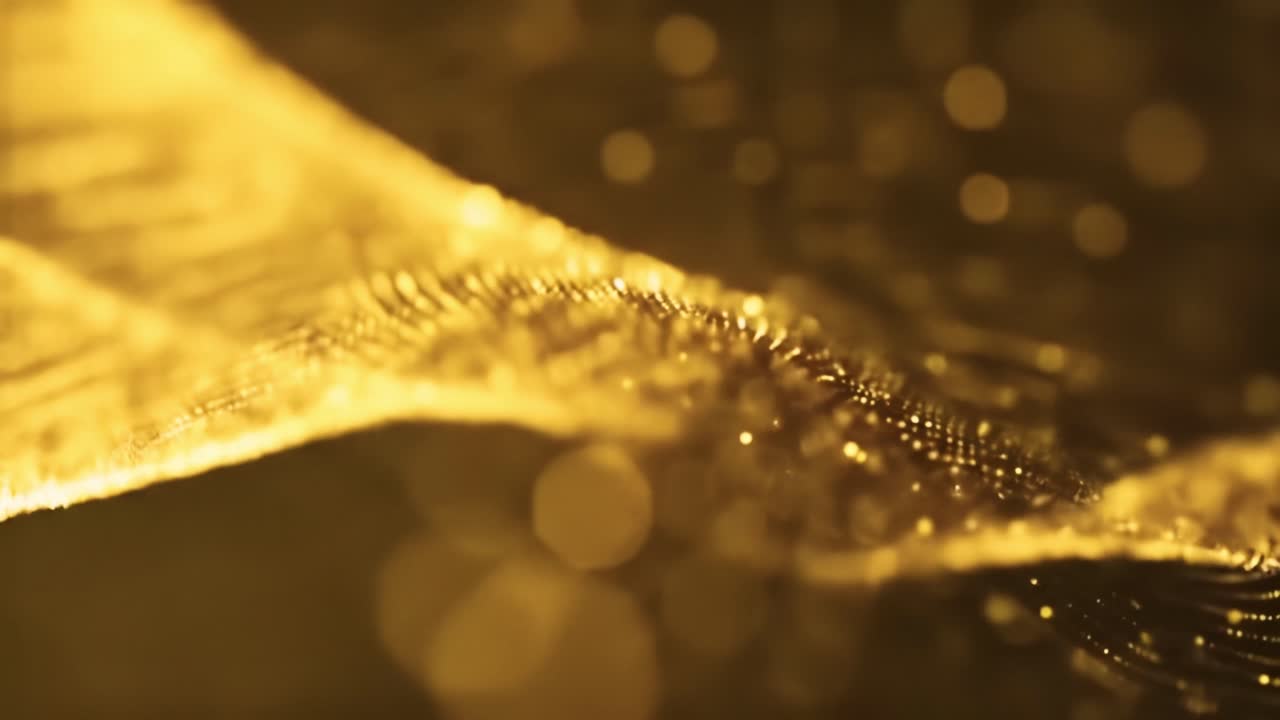 Delicate golden waves undulate smoothly, creating an enchanting display of light and movement. The serene flow captivates with its shimmering beauty and intricate detail.