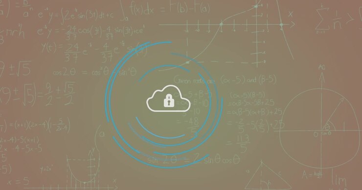 Animation of security padlock icon and mathematical equations against purple gradient background