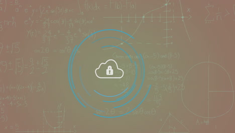 animación del icono del candado de seguridad y las ecuaciones matemáticas contra un fondo de gradiente púrpura