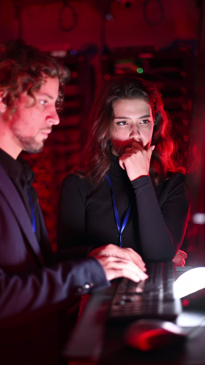 A man and a woman trying to fix an error in a server room with flashing red lights. Vertical