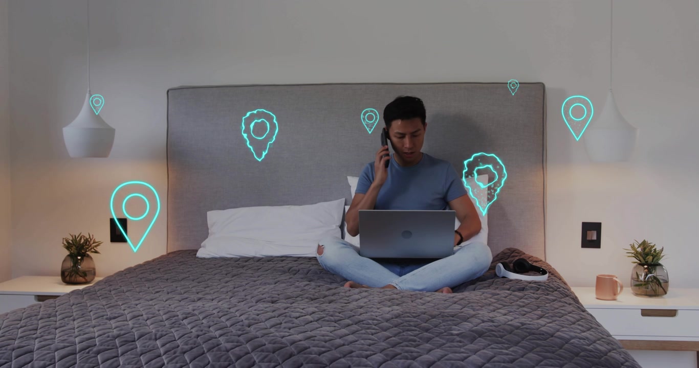 Tech worker pressing palms causing map pins forming around him lifting smartphone and making call