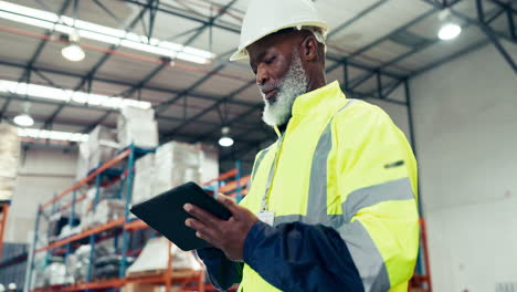 industry man, tablet and warehouse inspection