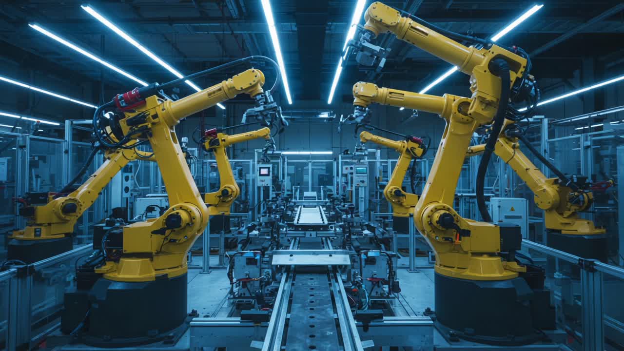 An Advanced Industrial Automation Scene Featuring Yellow Robotic Arms in a Modern Factory Setting, Showcasing Precision Manufacturing and Cutting-Edge Technology