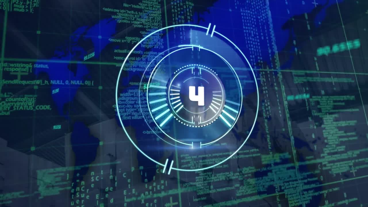 animación del escaneo del alcance con cuenta atrás sobre el procesamiento de datos y el mapa del mundo
