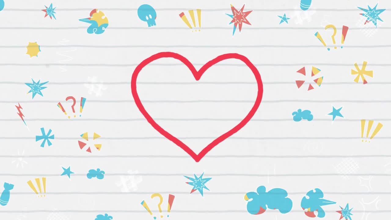 ⁇ 색 선으로 된 종이에 마커로 손으로 그려진 빨간색 윤 ⁇  심장 아이콘의 애니메이션