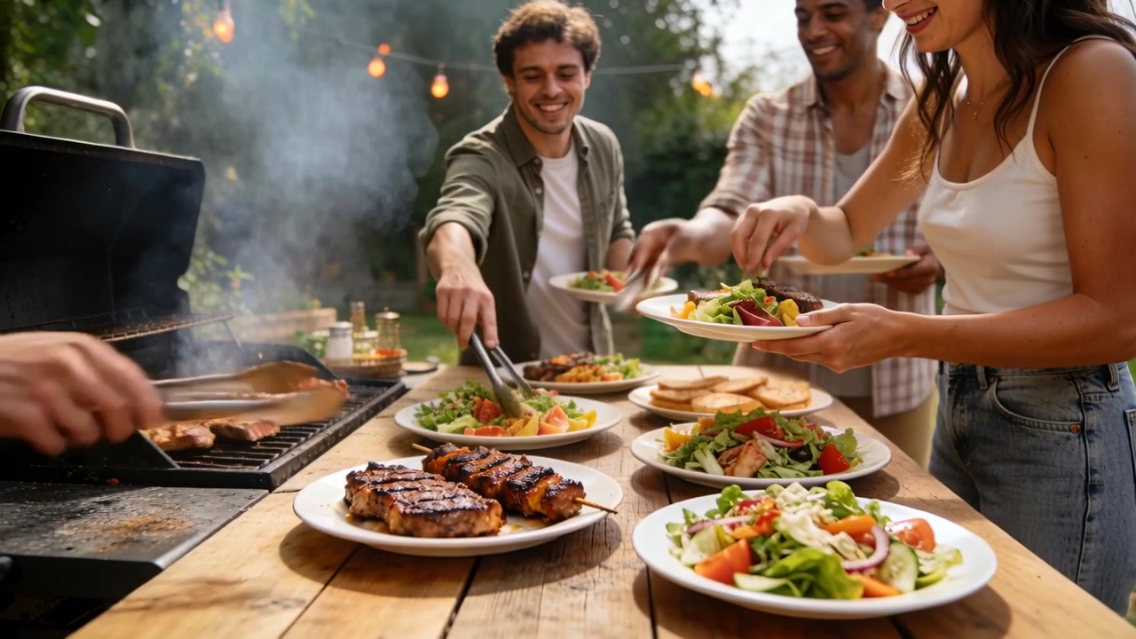 Fumo che sale dalla griglia, amici in camicie estive servono bistecche e insalate su un tavolo di legno per la cena.