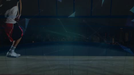 animación de la red de conexiones y el mundo sobre el jugador de baloncesto biracial