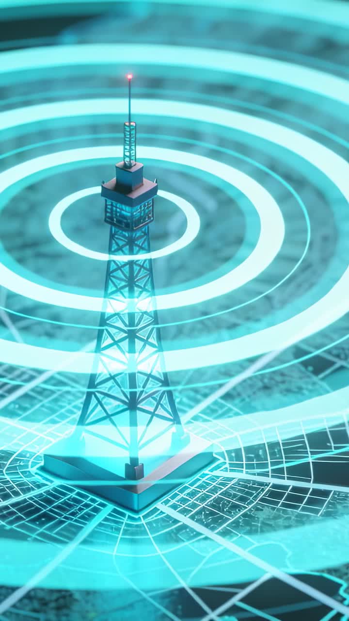 Video verticale: Un anello che fa sì che una torre emetta anelli pulsanti su una mappa, aumentando la copertura, con una luce rossa che lampeggia.