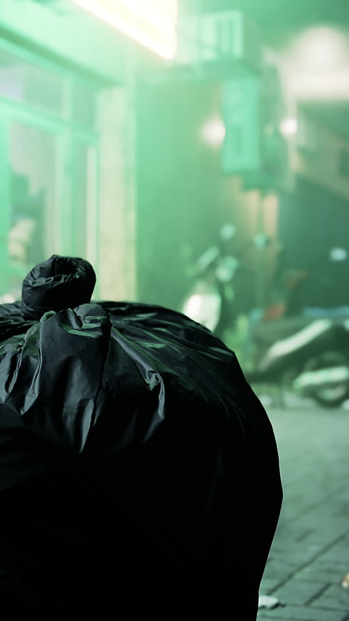 밤에는 안개가 많은 도시 거리에서 신비한 검은색 쓰레기 봉투