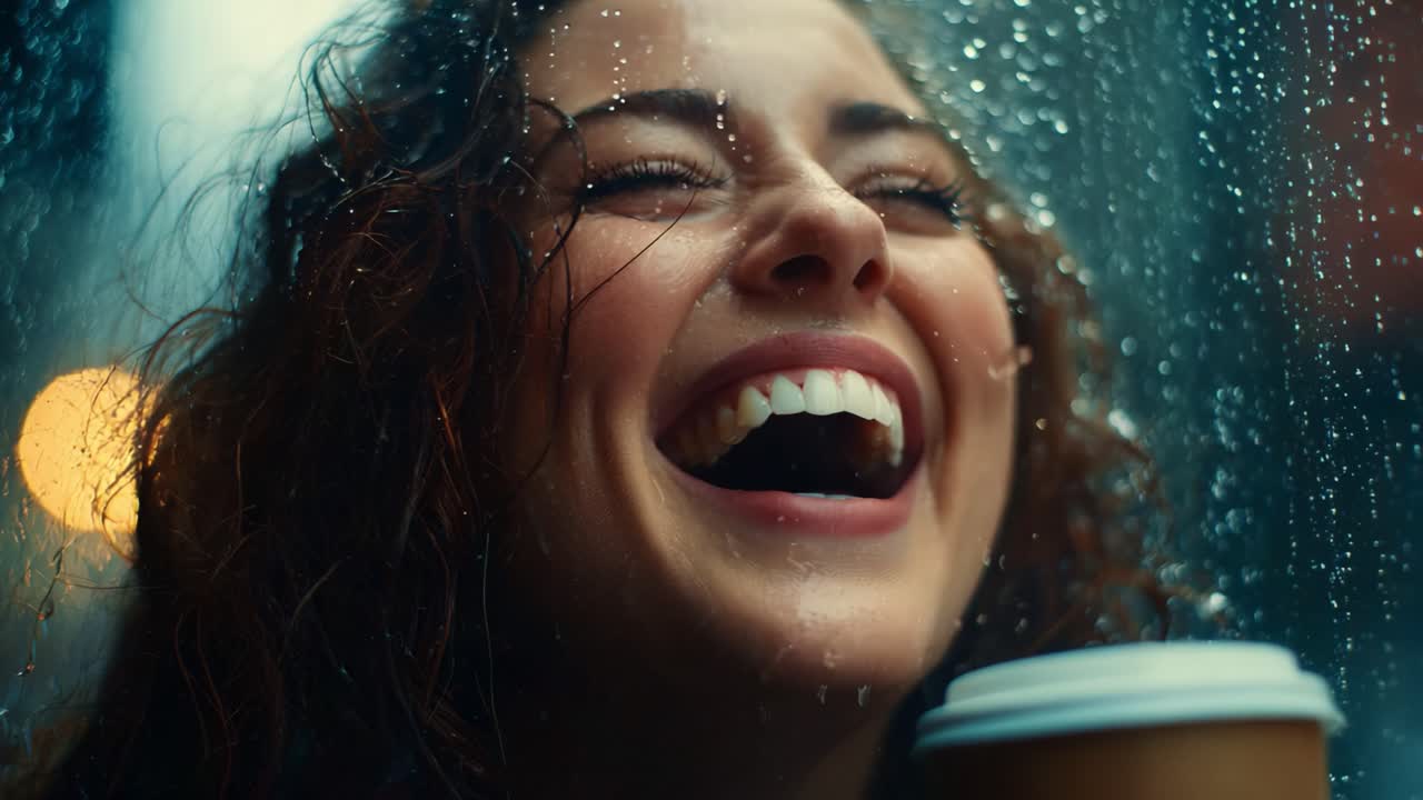 A Joyful Moment Captured: A Woman Smiling Radiantly Behind a Rainy Window, Embracing Life's Simple Pleasures with a Warm Drink in Hand, Reveling in Pure Happiness and Gratitude