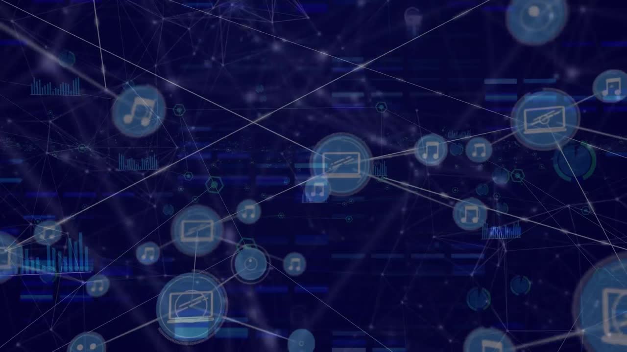 Animation of network of connections with icons in navy space