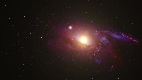 una galaxia roja rojiza con energía brillante en el medio se mueve en el universo