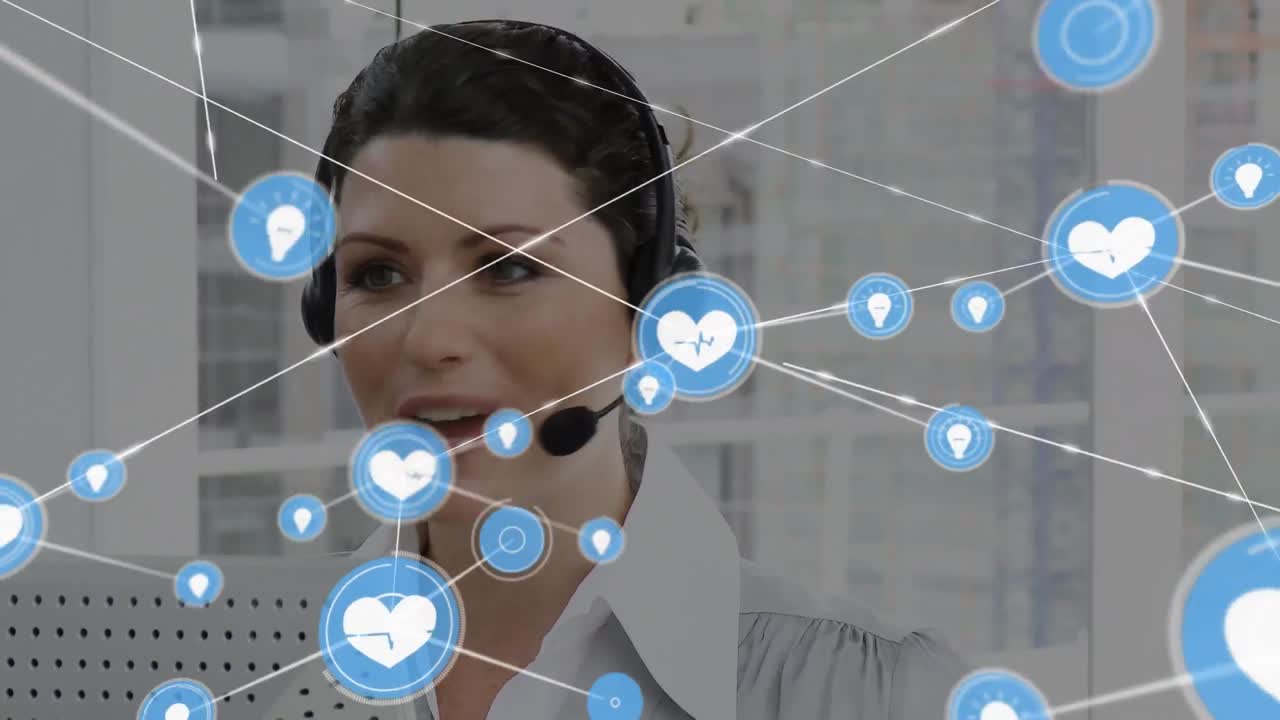 animación de una red de conexiones e iconos sobre una mujer de negocios con auriculares