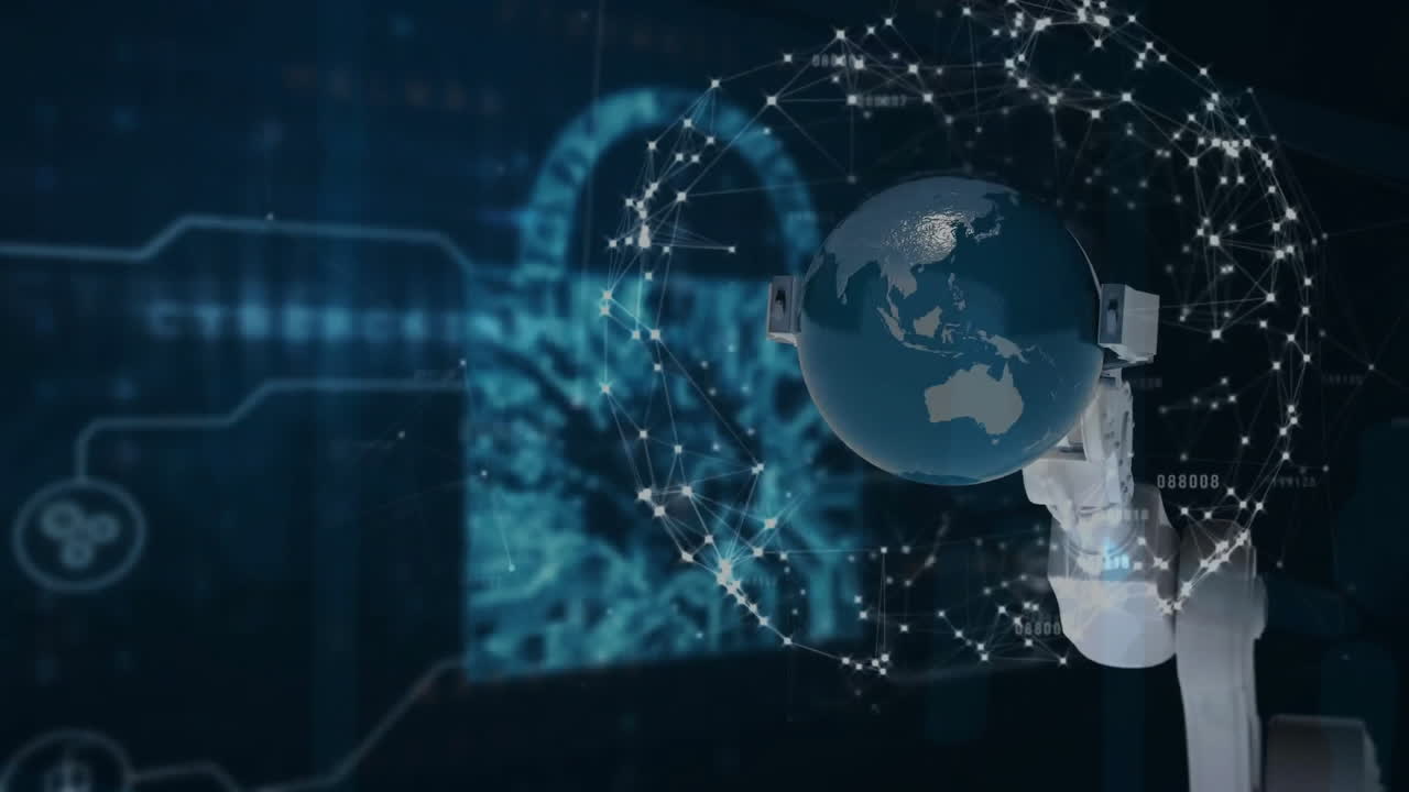Animation of robotic hand with globe over padlock icon with data processing on black background